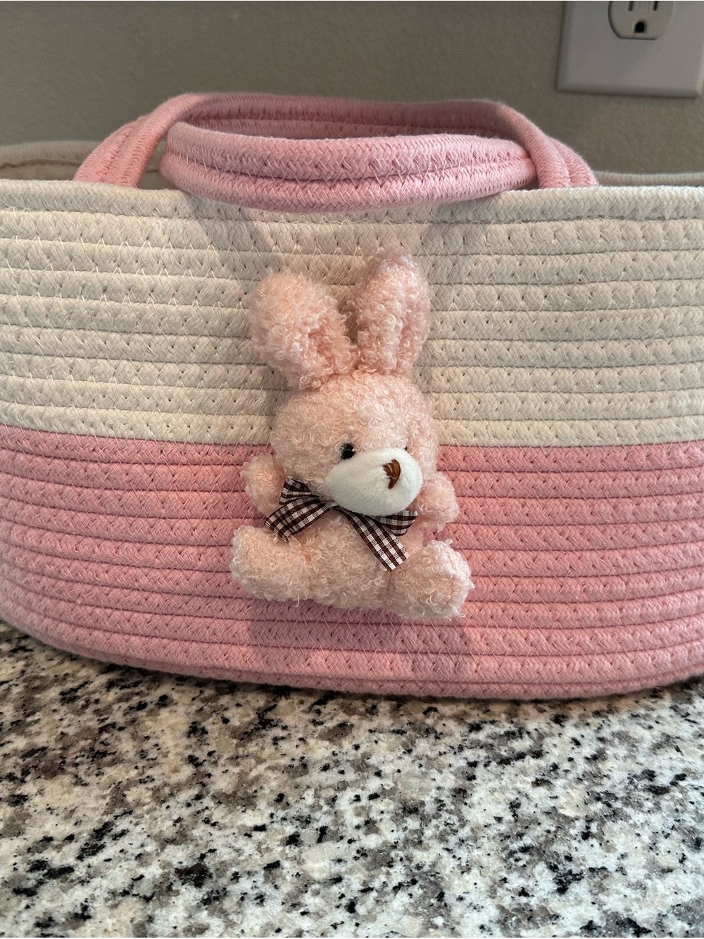Pink & Cream Rope Basket Bag with Plush Bunny Accent